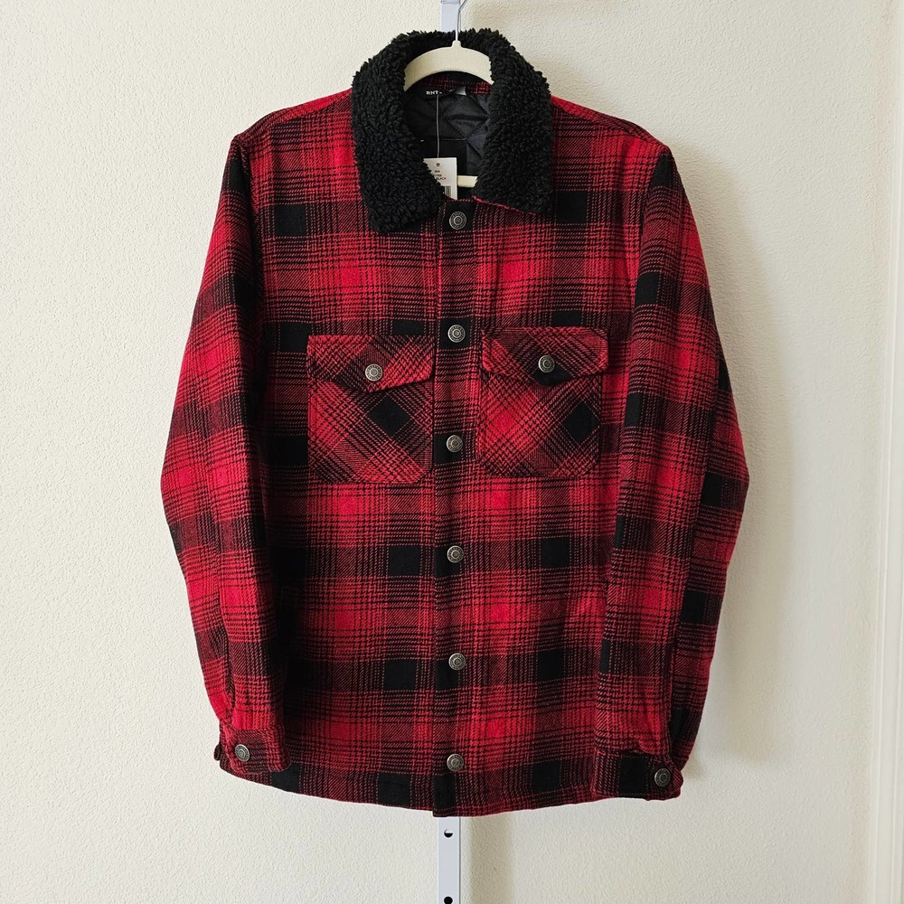 RNT 23 RON TOMSON NWT Men's Red and Black Plaid Button Sherpa Collar Jacket Sz M